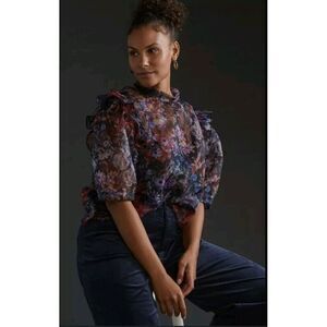 Anthropologie Maeve Puff-Sleeve Organza Blouse 3X Floral Sheer MSRP $98 NWT